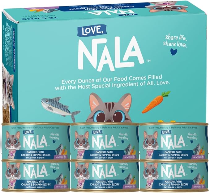 LOVE, NALA - Natural Adult Cat Wet Food - Pate Mackerel with Carrot & Pumpkin Recipe- Grain Free, Non-GMO, Lean Protein, Omega 3, Digestive Fiber Blend, Added Minerals & Vitamins - 12 Pack 2.4 lbs.