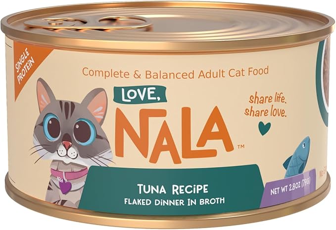 LOVE, NALA - Single Protein Tuna Flaked Wet Cat Food - Hydration Broth, Natural, Grain-Free, Non-GMO, No Gums, No Carrageenan, Human-Grade Tuna, Added Vitamins & Minerals - 2.8 oz, 12 Cans