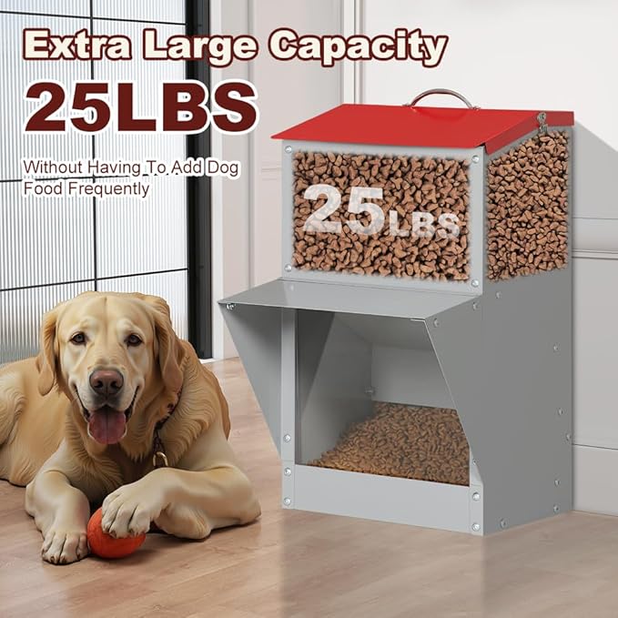 Automatic Dog Feeder with Handle, 25 Lbs Large Capacity Gravity Dog Food Dispenser for Outdoor & Indoor Use, Pet Food Station for Medium and Large Breeds (12'' L X 10'' W X 21.6'' H)