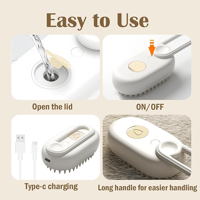 Rechargeable Pet Steam Brush for Cats & Dogs, Self-Cleaning Hair Brush for Shedding, Rotating Handle Cat & Dog Grooming Tool for Long & Short Hair- White