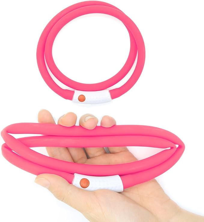HIGO LED Dog Collar, Silicone Lightweight Light Up Dog Collars, USB Rechargeable LED Dog Necklace Light for Your Dogs Cats Glow in The Dark (Pink-Silicone)