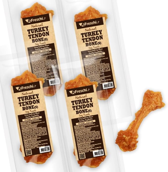 Afreschi Natural Turkey Tendon Bone (S) Pack of 4, Dog Treats for Signature Series, All Natural Human Grade Puppy Chew, USA-Sourced Turkey Tendon, Hypoallergenic, Rawhide Alternative