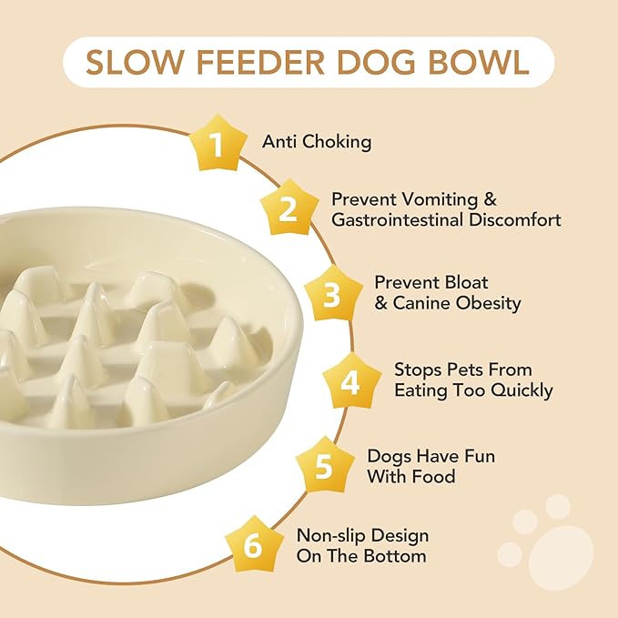 9.5inch Ceramic Dog Raised Slow Feeder Set, Elevated Bowl with Wooden Stand for Large Dog, Slow Feeder Dish for Fast Easters, Anti-Gulping(Beige, Single Bowl+ Stand)