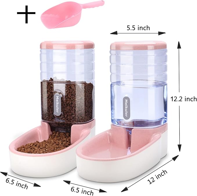 Meikuler Automatic Dog Cat Feeder and Water Dispenser Set,Waterer and Gravity Food Feeder for Small & Medium Dogs Cats Puppies,Large Capacity 1 Gallon x 2(Pink)