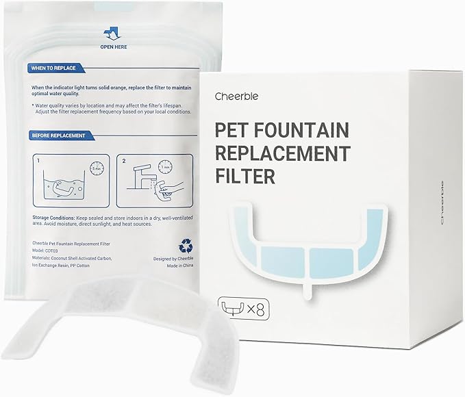 Cheerble Replacement Filters for Cheerble E1 Lite, Pumpless Cat Water Fountain, Four to Six Months Set of Replacement Filters for Ultra Quiet Pet Water Fountain, White, 8 Count (Pack of 1)