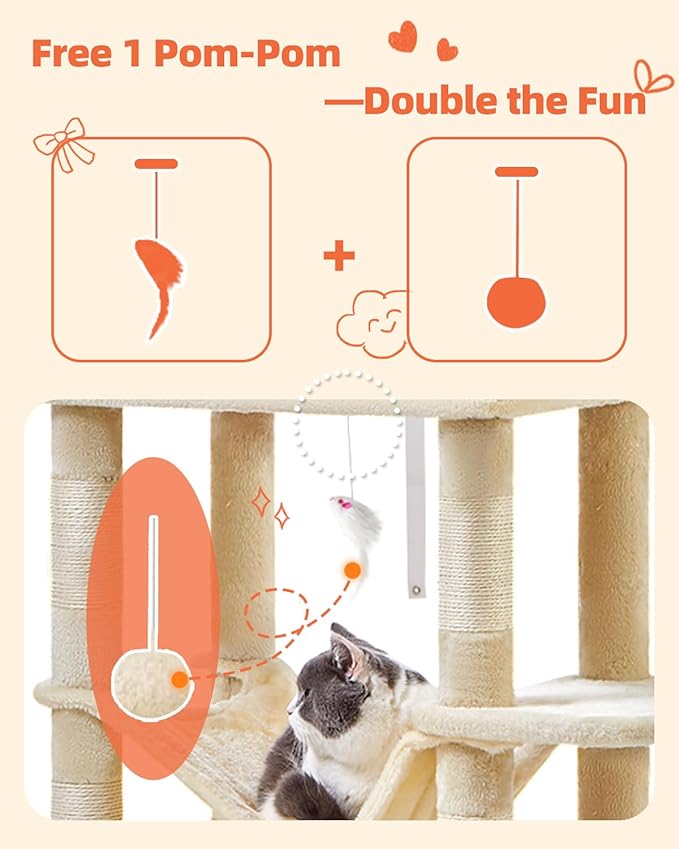 Taoqimiao Cat Tree, 66.2-Inch Cat Tower for Indoor Cats, Plush Multi-Level Cat Condo with 7 Scratching Posts, 2 Perches, 2 Caves, Hammock, 2 Pompoms, Beige MS013M
