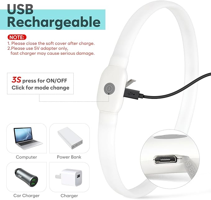 HIGO RGB LED Dog Collar Light - USB Rechargeable Light Up Dog Collars, Safety LED Dog Necklace for Your Dogs Walking at Night (Multi-Color)