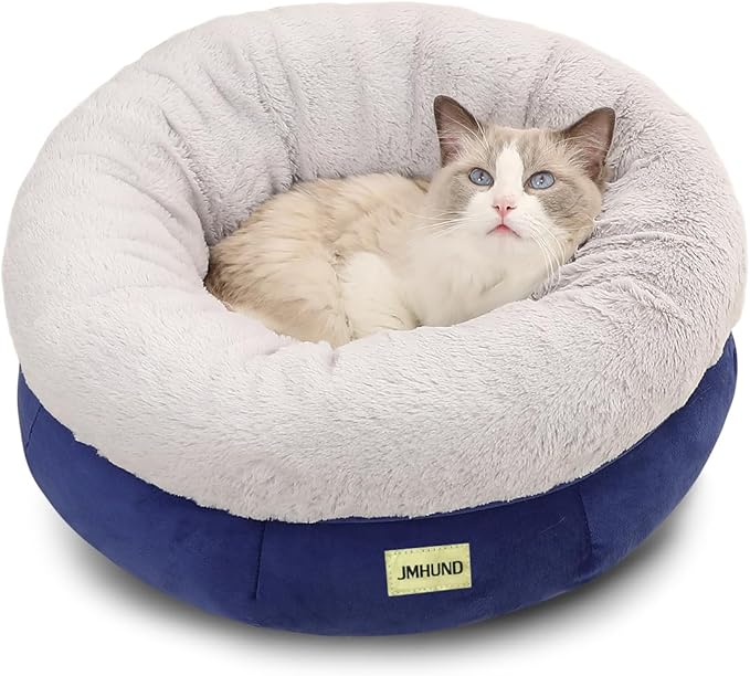 Cat Bed for Indoor Cats,Round Cat Bed for Small Pets,Washable Pet Bed with Non-Skid Bottom,Pet Bed for Puppy and Kitty,19 Inches,Navy