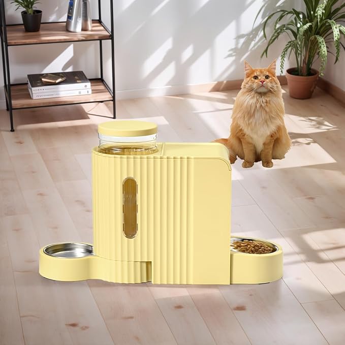 Automatic Cat Food Feeder and Water Dispenser,2 in 1 Gravity Cat Feeder and Water Dispenser with Stainless Steel Bowl,2 Pack Large Capacity Self Feeding for Small Medium Pets Puppy Kitten
