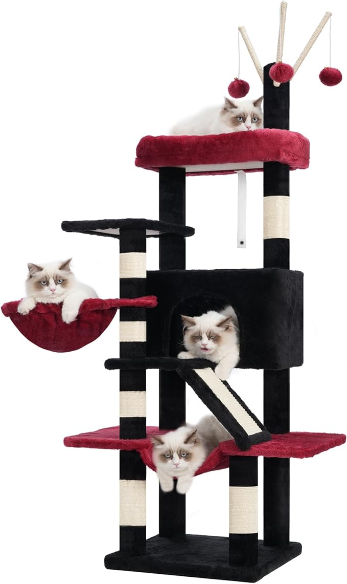 Cat Tree, Multi-Level Gothic Cat Tower for Indoor Cats, Cat Condo with Cat Scratching Post and Board, Cat Hammock, Black and Red GCT011BR
