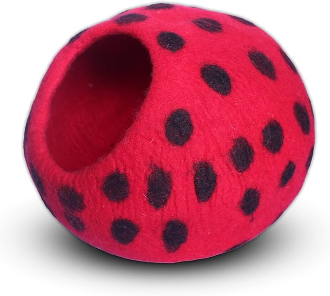 Woolygon Premium Felt Cat Cave Bed - Polka Dot Series - Wool Kitty Beds Handcrafted Kitten Caves Bed for Indoor Cats - Eco-Friendly Merino Wool, Foldable Cat Hideaway Cat Houses (Red/Black Dots)