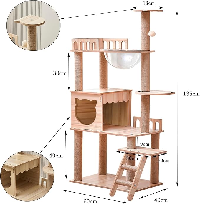 54-Inch Cat Tower,Multi-Level Pure Wood-Modern Cat Tree Tower with Condo, Cat Stairs, Bowl,9 Sisal Scratching Posts, Top Perch, Toy Balls,Cat Tree for Indoor Cats Large Adult (KT-1022)
