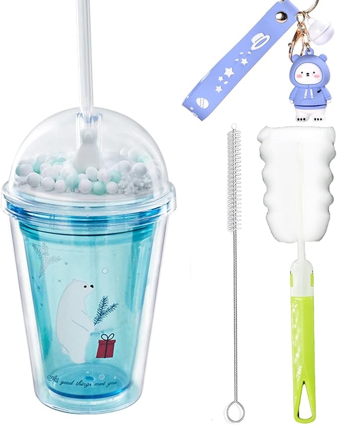 Polar Bear Travel Tumblers Cups with Straw kids Party Cup Reusable Plastic Cup Water Bottle (blue bear, 380 ml)
