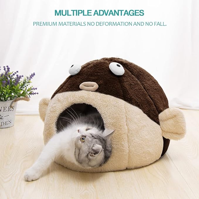 Cat Beds for Indoor Cats - Cat Bed Cave with Removable Washable Cushioned Pillow, Soft Plush Premium Cotton No Deformation Pet Bed, Lively Pufferfish Cat House Design, Brown, Multiple Sizes(S)