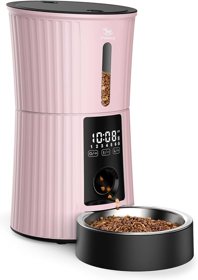 Petory Timed Automatic Cat Feeders - 4L Programable Dry Food Dispenser for Cats and Small Medium Dogs 6 Meals with Desiccant Bag Dual Power Supply 10S Voice Recorder