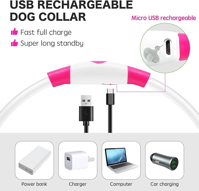 BSEEN Light Up Dog Collar - Rechargeable LED Dog Collar - Waterproof TPU Cuttable Glowing Pet Collar for Small Dogs& Cats - Safety Dog Lights for Night Walking (XS- Pink 40cm)