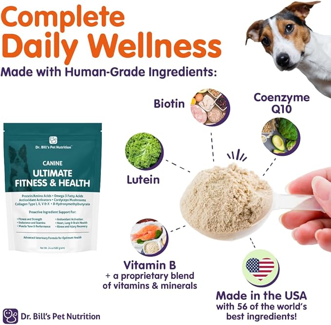 Dr. Bill’s Canine Ultimate Fitness & Health Vitamins for Dogs | Multivitamin for Dogs w/Coenzyme Q-10, Vitamin E, Vitamin D-3, Biotin, Folic Acid, Hyaluronic Acid Dog Vitamins and Supplements 680g