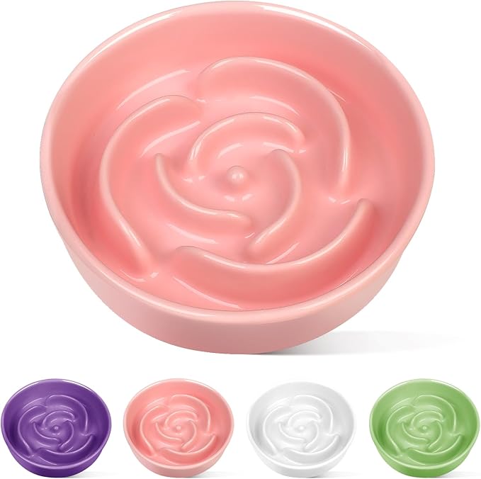 TRUVIC Ceramic Slow Feeder Dog Bowls Small Breed, 0.6 Cup Slow Feeder Cat Bowls for Fast Eaters, Ceramic Dog Food Dish no Black Chin, Puzzle Bowl for Small Dogs and Cats, Pink