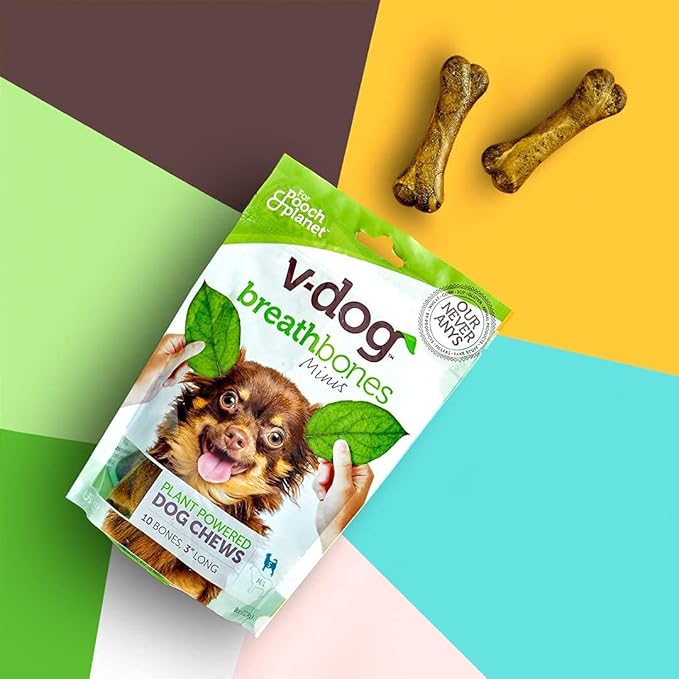 V-dog Dog Treats - Vegan Breathbone Teeth Cleaning Dental Bones - Fresh Breath - 8 Ounces - Minis - All Natural, Made in USA - 10 Bones - 3" Long - Easy to Digest