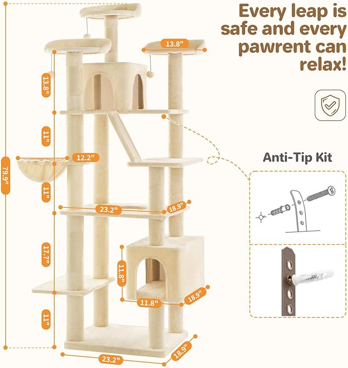 Made4Pets Tall Cat Tree, 80" Cat Tree Tower for Indoor Cats Large Adult, Modern Cat Tower with Scratching Post, Cozy Hammock, 3 Perches and 2 Condos, Sturdy and Fluffy, Beige
