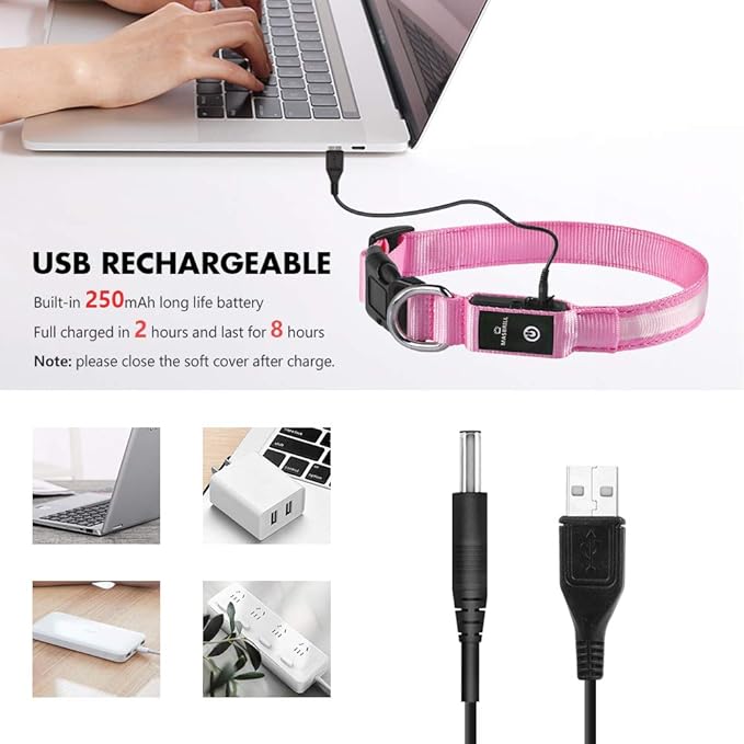 MASBRILL Light Up Dog Collar, LED Glow Collar with USB Rechargeable Lighted Bright Flashing Pink Dog Collar Waterproof for Small Medium Large Dogs, 4 Colors with 3 Sizes (S(0.98 * 15.75"), Pink)