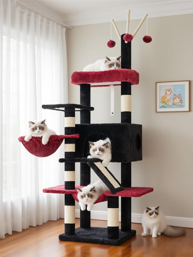 Cat Tree, Multi-Level Gothic Cat Tower for Indoor Cats, Cat Condo with Cat Scratching Post and Board, Cat Hammock, Black and Red GCT011BR