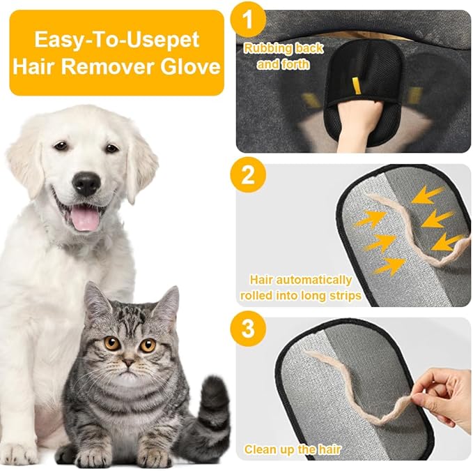 2 Packs Pet Hair Remover Glove, High-Efficiency Removal Pet Hair, Reusable Cat & Dog Hair Remover for Carpets, Clothing, car Cushions, Sofas, pet beds, Furniture, Cat Grooming Gloves
