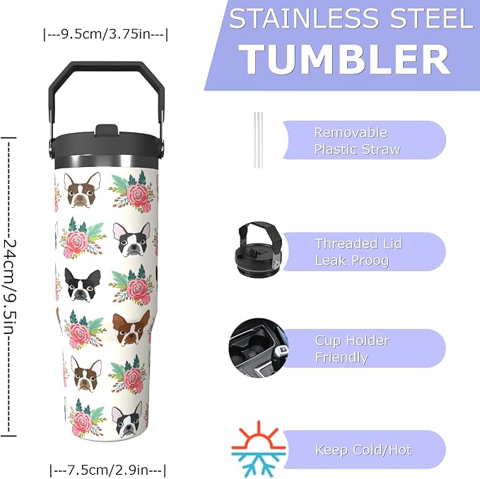 Dog Floral 30oz Tumbler with Top Handle Lid and Straw Insulated Water Bottle Travel Mug for Car Cup Office Coffe Mugs for Boy Girl Drink Hot and Cold (dogs)