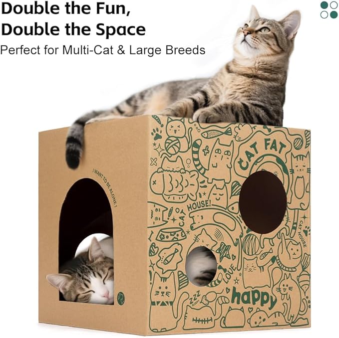 Cardboard Cat House with 2PCS Scratcher Pads Large Cat Scratchers Lounge Bed for Indoor Cats Cat Scratching Board & Cat Scratcher Box for Bunny/Cats Animals.(Green-Graffiti)