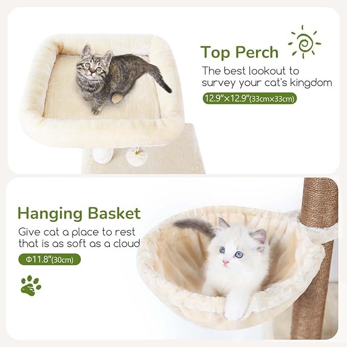 Globlazer Large Cat Tree Condos for Indoor Cats Large Adult, 70inch Tall Cat Tree Condo Tower with 4 Spacious Cat Condo Houses, 3 Sisal Scratching Posts, 2 Adjustable Hanging Baskets, F70C, Beige