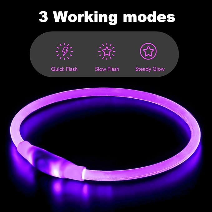 Flashseen LED Dog Collar, USB Rechargeable Glowing Lighted Up Collar, Cuttable Water-Resistant TPU Safety Collar Lights for Small Medium Large Dogs (Purple)