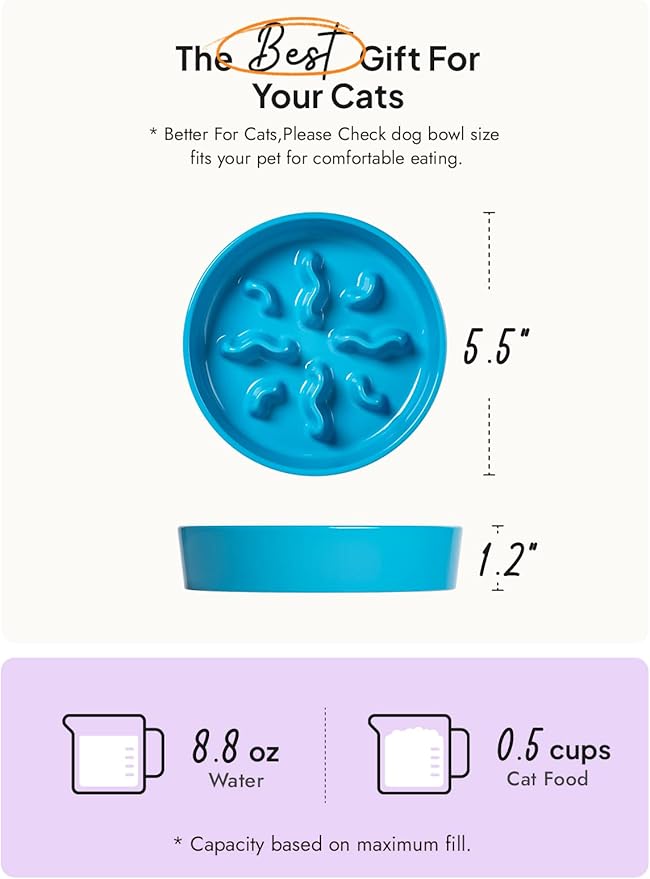 Ceramic Slow Feeder Dog Bowls Small Breed, 0.5 Cups Dog Food Dish for Fast Eaters, Puzzle Bowl for Small Dogs and Cats, 5.5 Inch-Blue