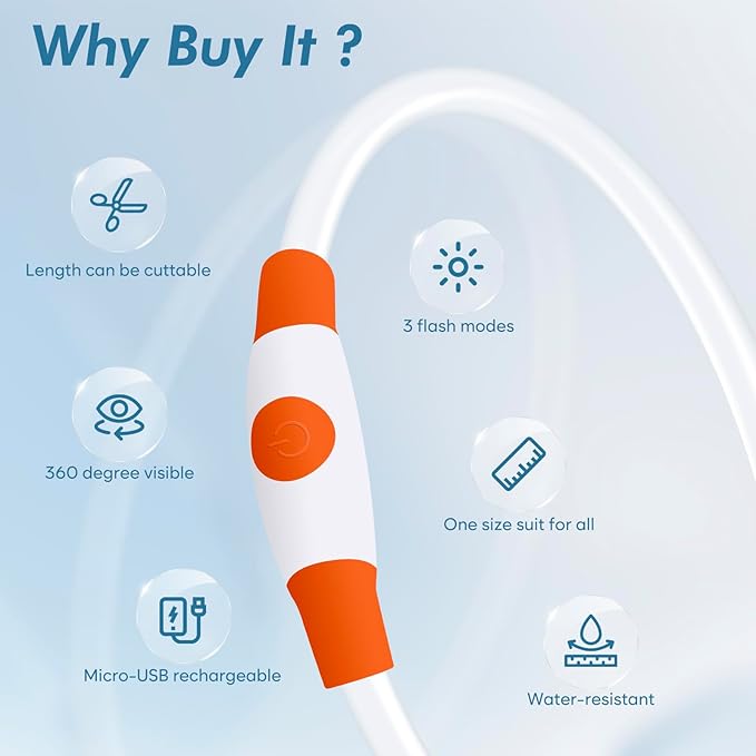 BSEEN LED Dog Collar, USB Rechargeable Glowing Pet Collar, TPU Cuttable Dog Safety Lights for Small Medium Large Dogs (Orange),70cm