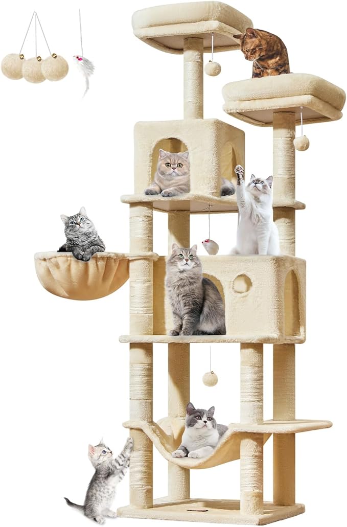 Taoqimiao Large Cat Tree,73-Inch Cat Tree Tower with 9 Scratching Posts for Indoor Cats, 2 Large Cat Condo with Hammock, Hanging Basket, 2 Extended Platform, Beige MS013XLM