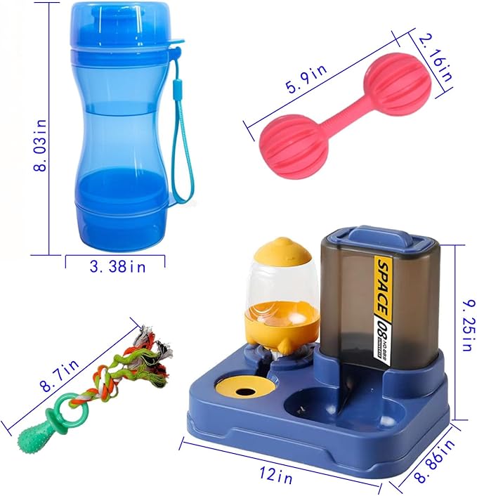 Automatic Dog Cat Feeder and Water Dispenser, 2 in 1 Gravity Food Feeder and,Waterer Set with Pet Food Bowl for,Small Medium Dog Puppy Kitten - A Dual-use cup1;Pet toys2.4PCS
