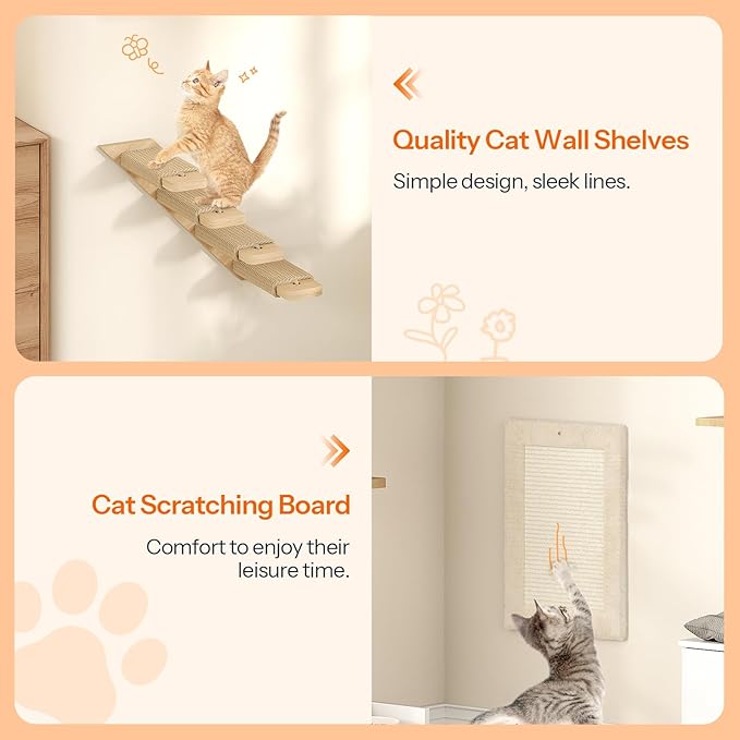 HOOBRO Wood Cat Wall Shelves, Set of 5 Cat Wall Furniture, Cat Corridor, Cat House, Cat Plush Hammock, Scratching Board and Cat Climbing Shelves, Sturdy, Durable and Safe, Natural NL45CS03