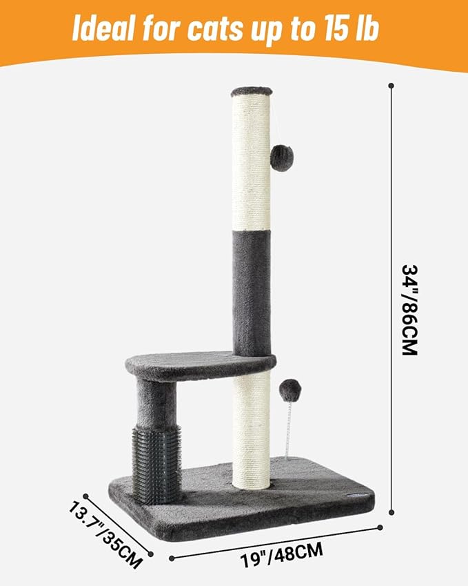 Happi N Pets 34“ Tall Cat Scratching Post for Big Cats, Natural Sisal Cat Scratchers for Indoor Cats, Heavy Duty Cat Stands Featuring with Cat Self Groomer and Hanging Toys, Free Catnip-Gray