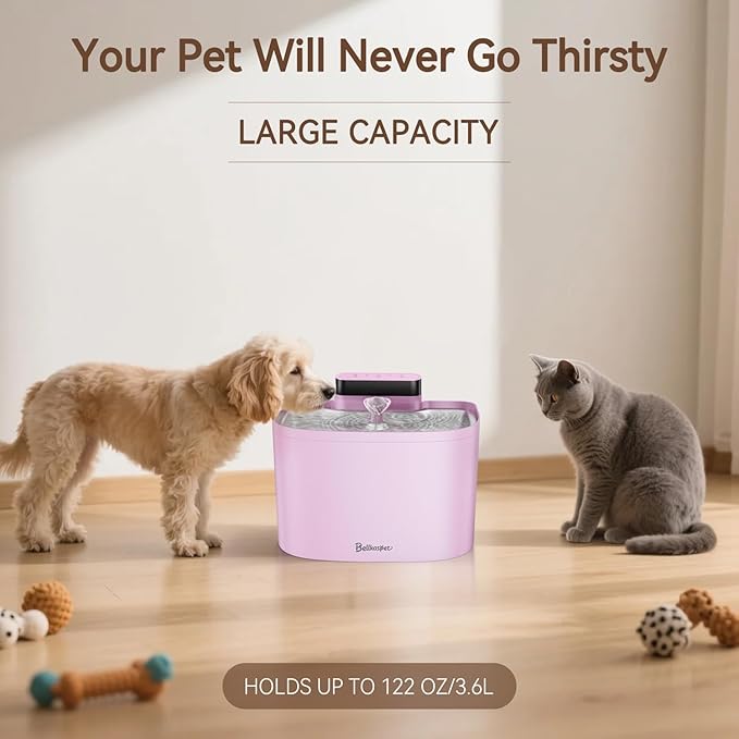 Cat Water Fountain, App Control Cat Fountain, 122oz/3.6L Pumpless Water Fountains for Cats Indoor with Stainless Steel Tray, Wi-Fi Dog and Pet Water Fountain (Pink, Fountain+2 Fliters)