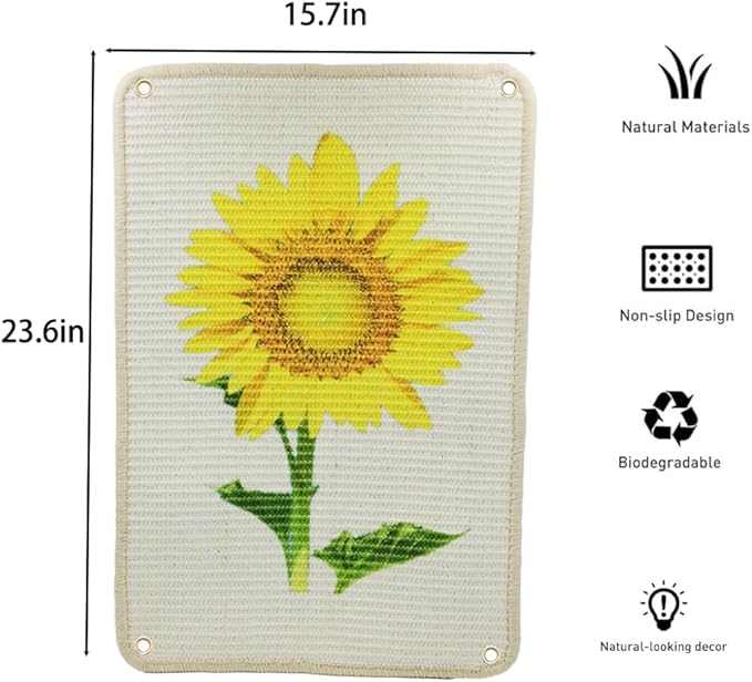 Cat Scratcher Mat, 23.6 X 15.7 Inch Natural Sisal Cat Scratch Mats Sunflower Pattern Cat Scratching Rug Wall Scratchers for Indoor Cats with Adhesive Hook Protect Carpets and Sofas(2Packs)