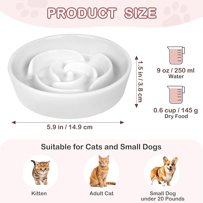 TRUVIC Ceramic Slow Feeder Dog Bowls Small Breed, 0.6 Cup Slow Feeder Cat Bowls for Fast Eaters, Ceramic Dog Food Dish no Black Chin, Puzzle Bowl for Small Dogs and Cats, White