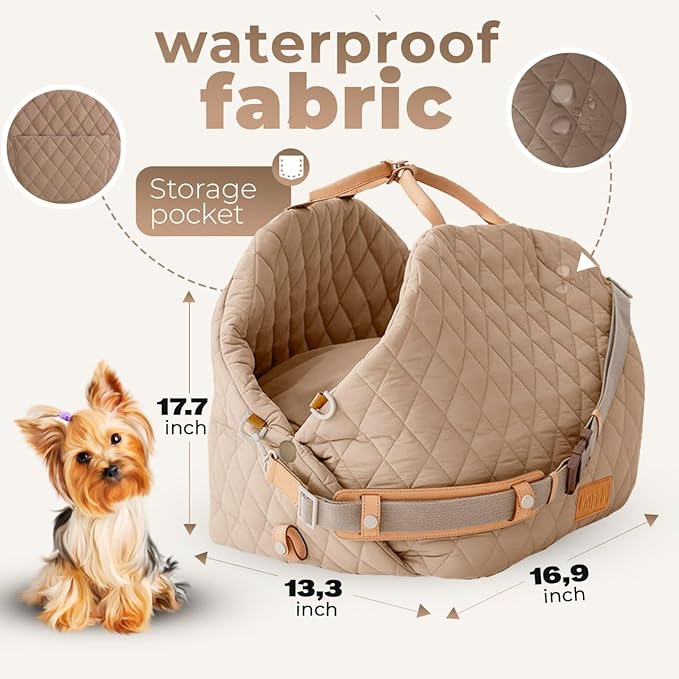 Dog Car Seat for Small Dogs – 3-in-1 Travel Carrier, Booster & Dog Bed for Car – Washable, Anti-Slip, Safety Straps – Fits Front & Back Seats – Cozy Pet Car Seat up to 25 lbs – Beige
