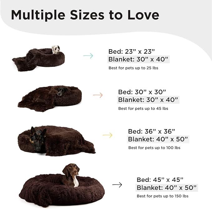 Best Friends by Sheri Bundle Set The Original Calming Shag Donut Cuddler Cat and Dog Bed + Pet Throw Blanket Dark Chocolate Large 36" x 36"