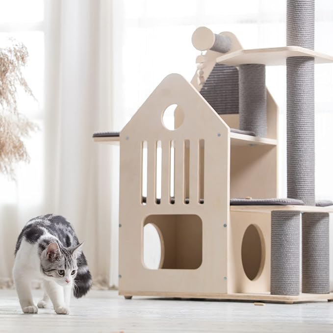 Wood Cat Tree for Indoor Cats,Cat Tower with Scratching Post and Mutil-Level Cat Houses,44.5 Inch Tall