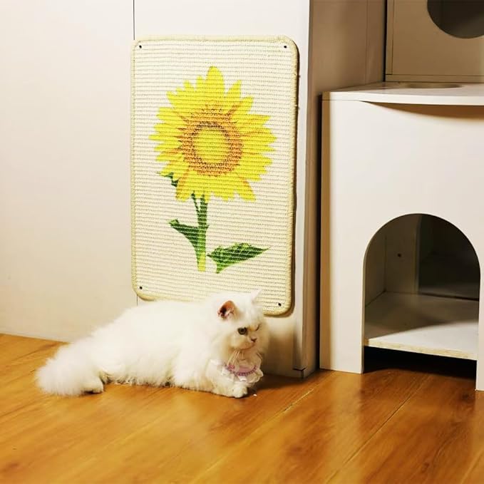 Cat Scratcher Mat, 23.6 X 15.7 Inch Natural Sisal Cat Scratch Mats Sunflower Pattern Cat Scratching Rug Wall Scratchers for Indoor Cats with Adhesive Hook Protect Carpets and Sofas(2Packs)