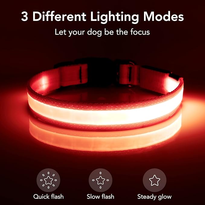Vizpet LED Dog Collar, Light Up Dog Collar Adjustable USB Rechargeable Super Bright Safety Light Glowing Collars for Dogs(Medium,Red)