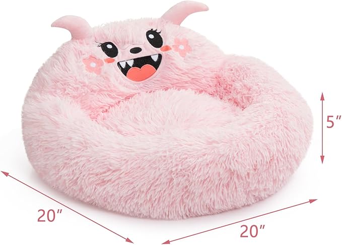 Hollypet Self-Warming Donut Pet Bed Luxury Cozy Nest Monster Sleeping Bed Round Faux Fur Bed for Cats, Pink