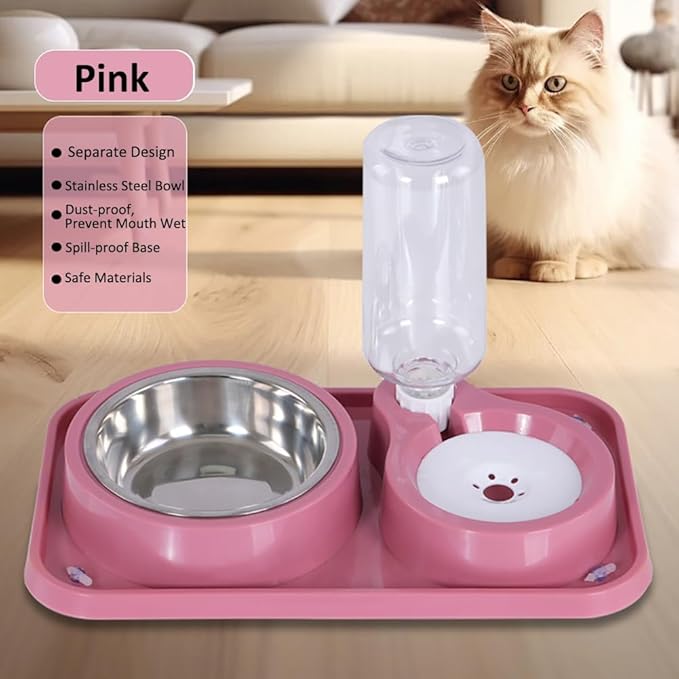 Dog Bowls, Non-Slip Puppy Cat Food and Water Bowl Set with Water Dispenser and Stainless Steel Bowl Detachable Gravity Pet Feeder and Waterer Set for Cats Dogs Puppy Rabbit (Pink)