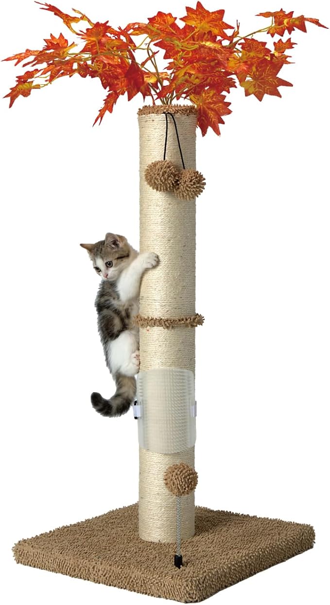 MECOOL Cat Scartching Post,35-inch Heavy Duty and Thicker Large Scartching Posts for Indoor Cats,Natural Sisal Rope and Hanging Ball Toy, Self-Grooming Brush,Beige