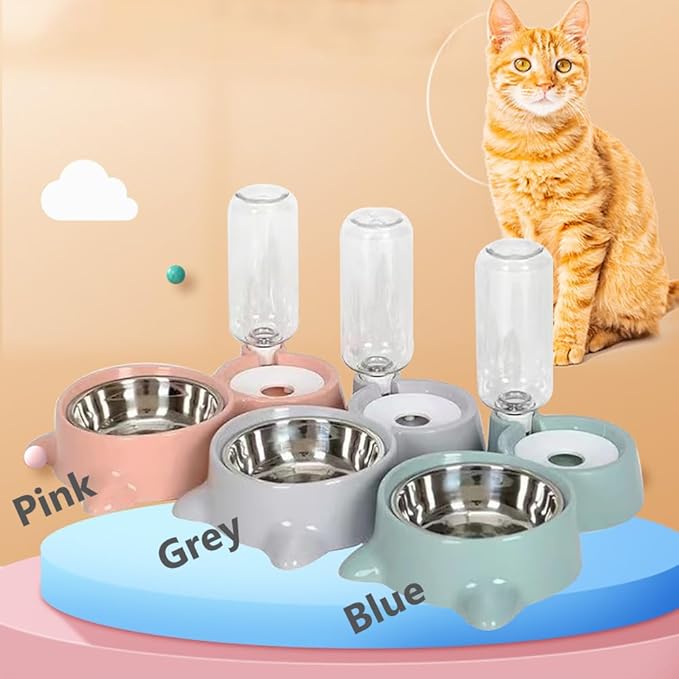 Dog Bowls, Puppy Cat Food and Water Bowl Set with Water Dispenser and Stainless Steel Bowl Detachable Gravity Pet Feeder and Waterer Set for Cats Dogs Puppy Rabbit (Grey)