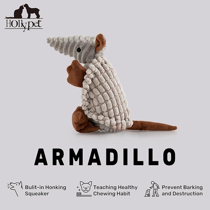 Hollypet Plush Dog Squeaky Toy Stuffed Armadillo Animal Pet Puppy Chew Toys with Clean Teeth for Small Medium Large All Breed Sizes Dogs, Light Gray, 8 in